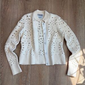 Vintage Carlisle Angora Merino Wool Cardigan Ivory Eyelet Knit Medium